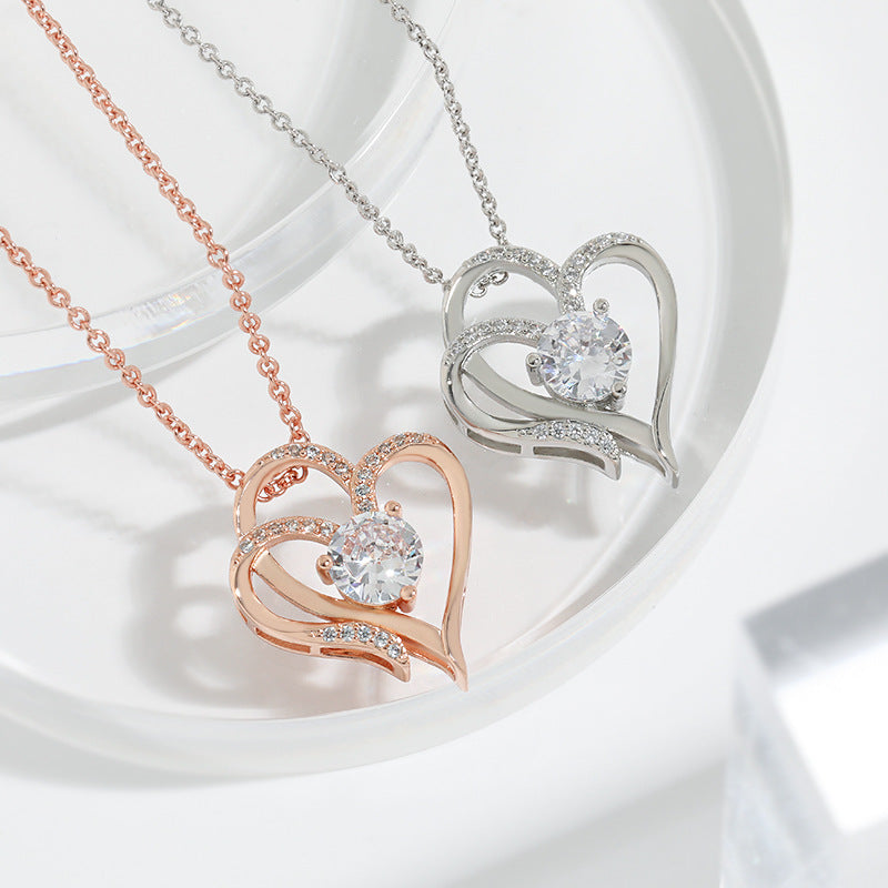 Zircon Double Heart-Shaped Necklace With Rhinestones For Women Valentine's Day