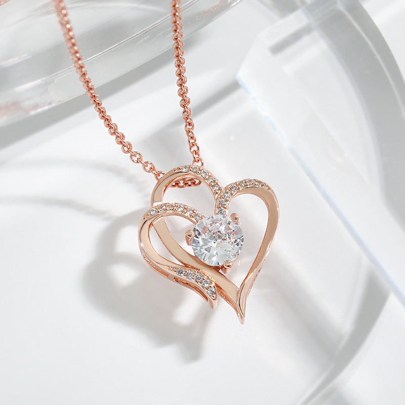 Zircon Double Heart-Shaped Necklace With Rhinestones For Women Valentine's Day