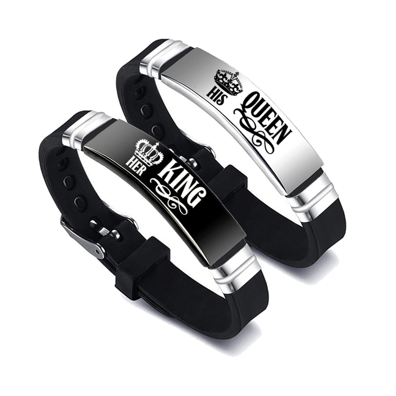 Black & Silver Couples Bracelets, Says ‘Her King’ & ‘His Queen’ Valentines Day Gift