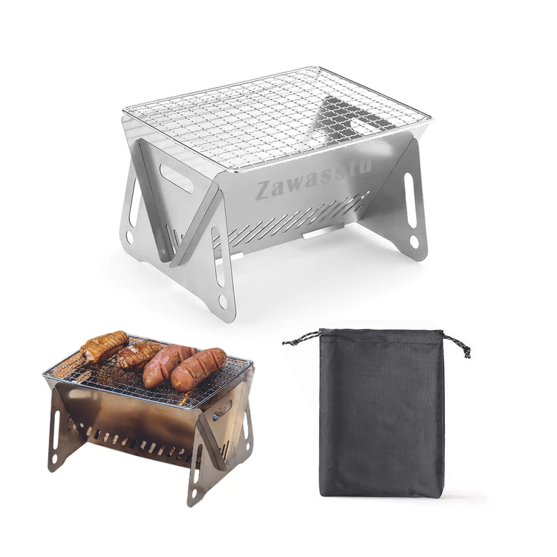 Portable Backpacking Stove with Grill Grid Folding Stainless Steel Charcoal Grill Ultralight BBQ Wood Burning Camp Stove for Hiking Picnic Garden Backyard Cooking