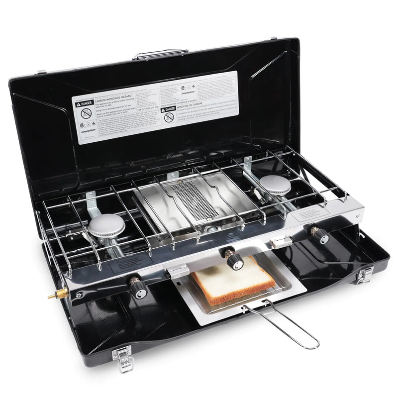 CampingFlame 3-Burner Propane Camping Stove - Portable Stove with Adjustable Burners Wind Guards Toast Tray 20400 BTUs for Camping Tailgating BBQ Picnics