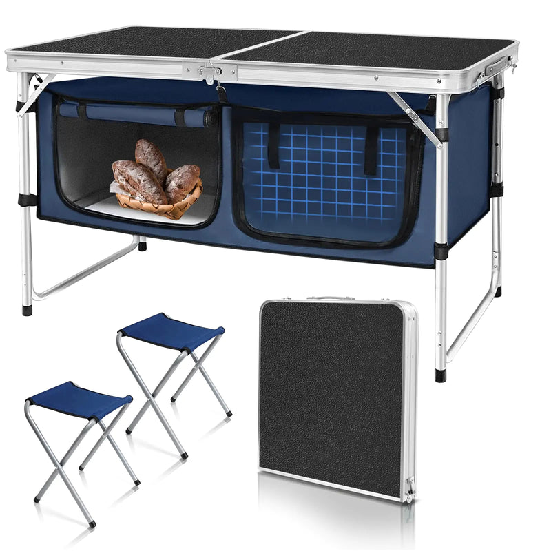 Portable Camping Table with Storage Compartment Lightweight & Height Adjustable Indoor/Outdoor Table For Backyards BBQ Picnic (Black W/Stool)