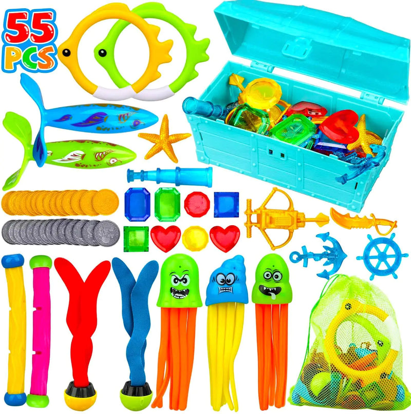 TOY Life 55 PCS Pool Dive Toys for Kids Pool Diving Toys Pool Games for Kids Swim Toys with Pool Rings Pool Dive Sticks Pool Dive Gems Pool Treasure Toys - Swimming Pool Toys for Kids Ages 4-8 12