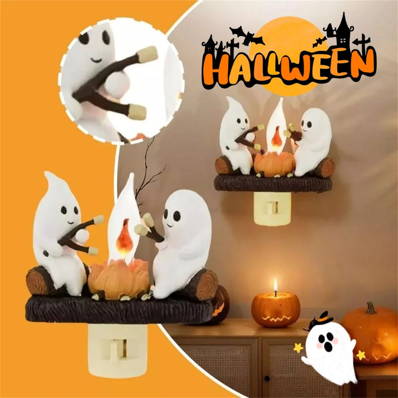 Ghost Campfire Flickering Nightlight 2 Ghosts Roasting Plug Wall Spooky Fire Marshmallow Night Light For Halloween Decor